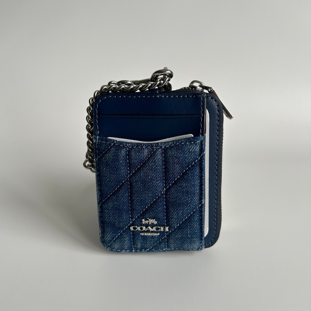 Coach Zip Card Case Denim Quilted Leather Wallet New